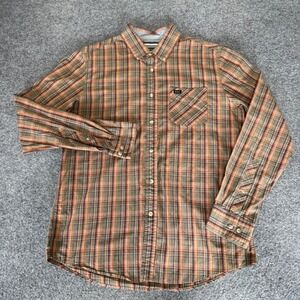 RVCA Men Medium Brown Orange Plaid Button Up Shirt Long Sleeve Cotton Skate Surf